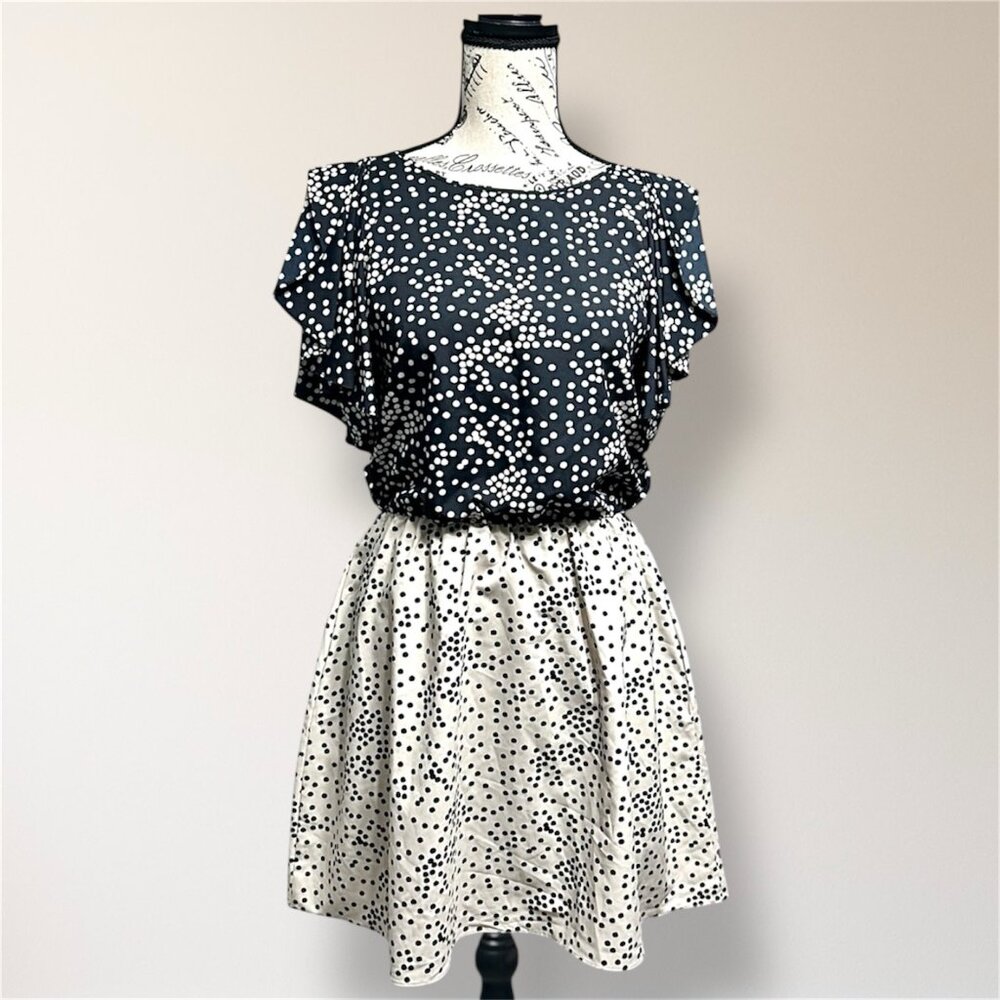 Armani Exchange Polka Dot Mini Dress‎ Ruffle Black Cream Spring Wedding Guest